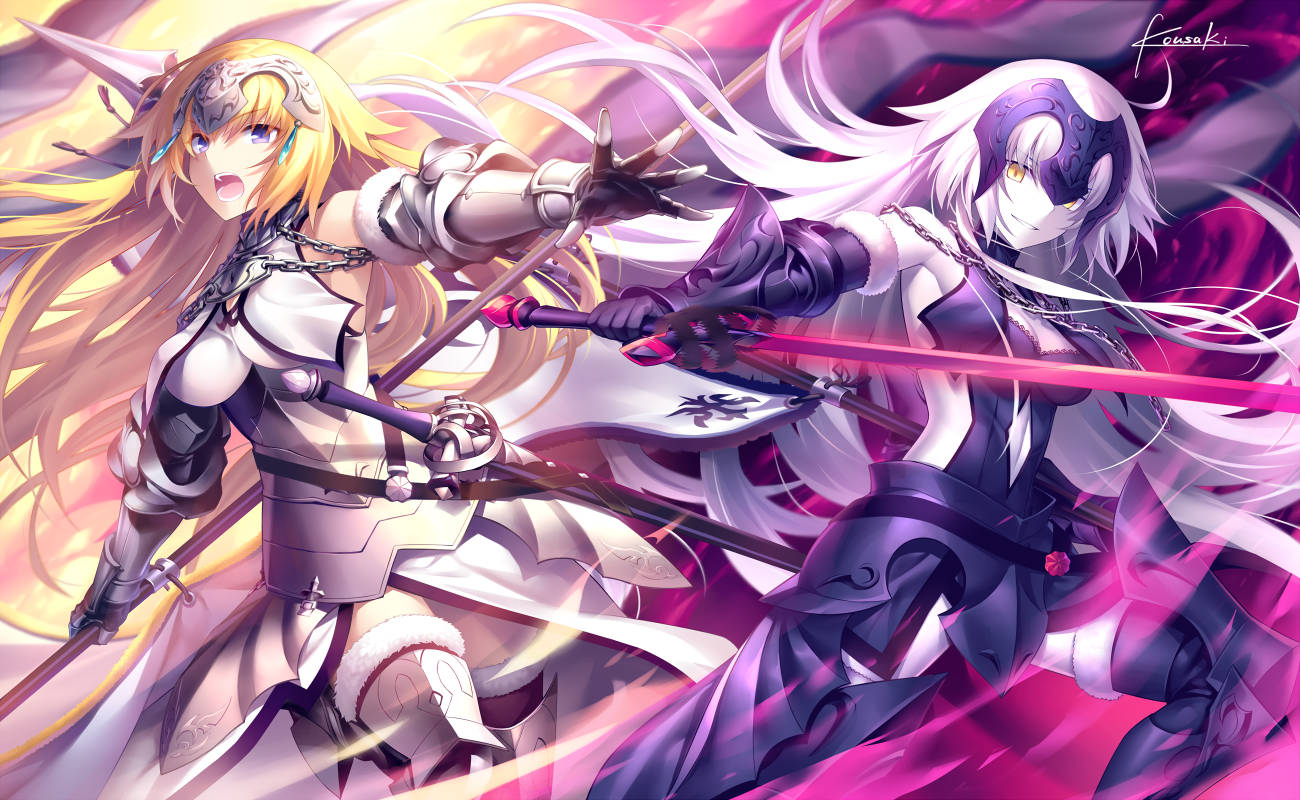 Fate/Grand Order 桌布 壁紙 — 兩位動漫戰士在充滿活力的粉紅色和金色背景下，用發光的劍進行動態戰鬥。