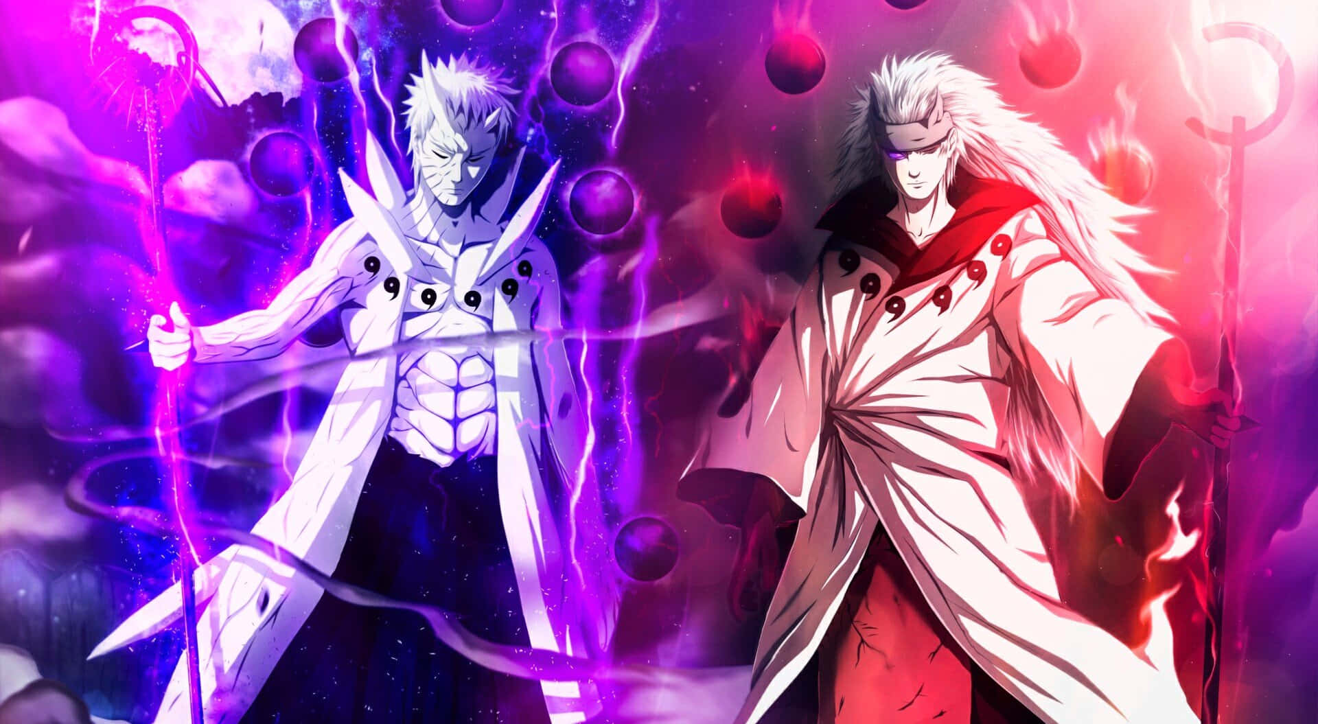 Naruto Anime 桌布 壁紙 — 兩位動漫戰士在充滿活力的紫色和紅色戰場上碰撞，周圍環繞著發光的球體和劈啪作響的能量。