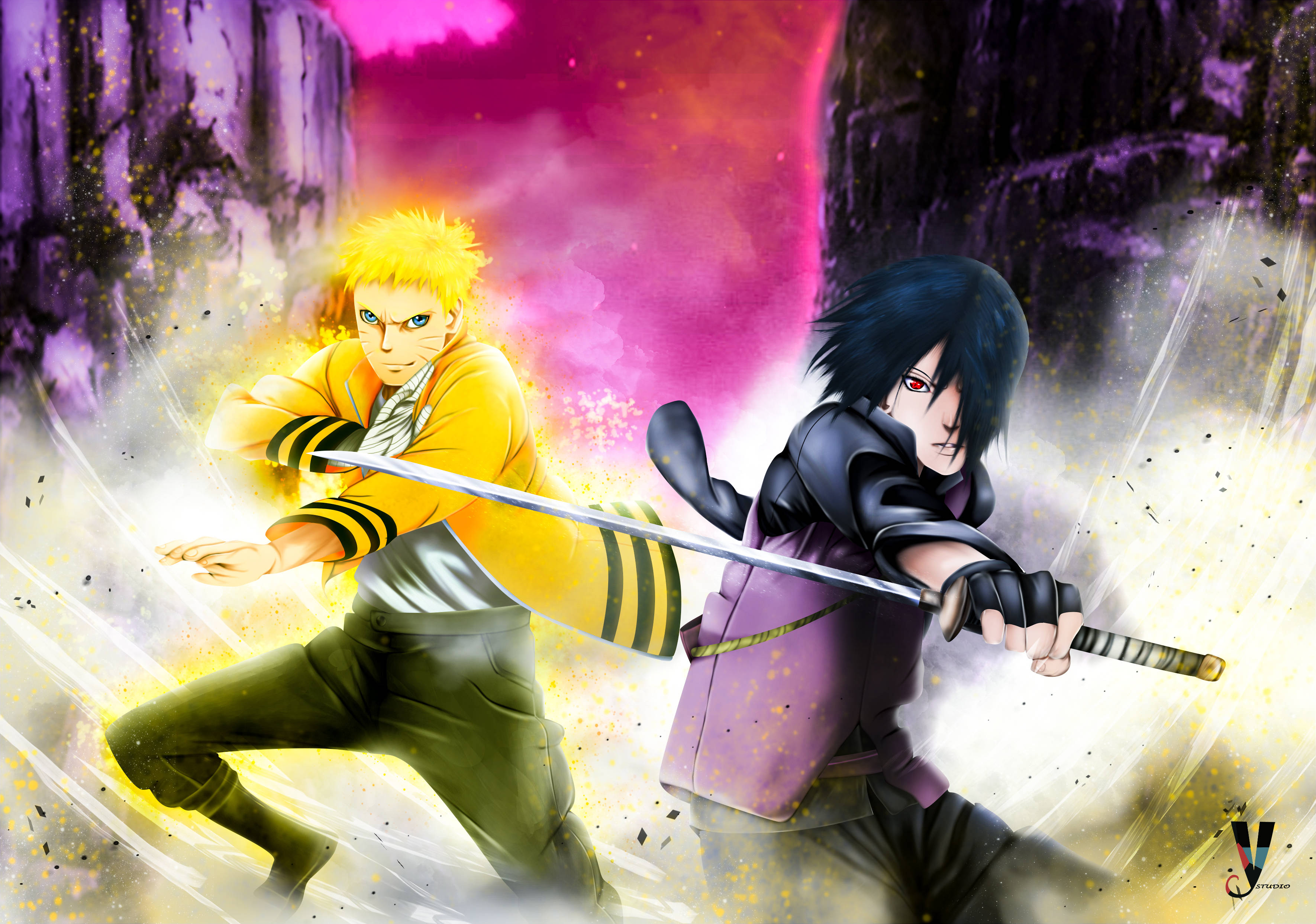 Naruto And Sasuke 桌布 壁紙 — 兩位動漫戰士在充滿活力的紫色粉紅色背景中，以發光的能量進行動態戰鬥。