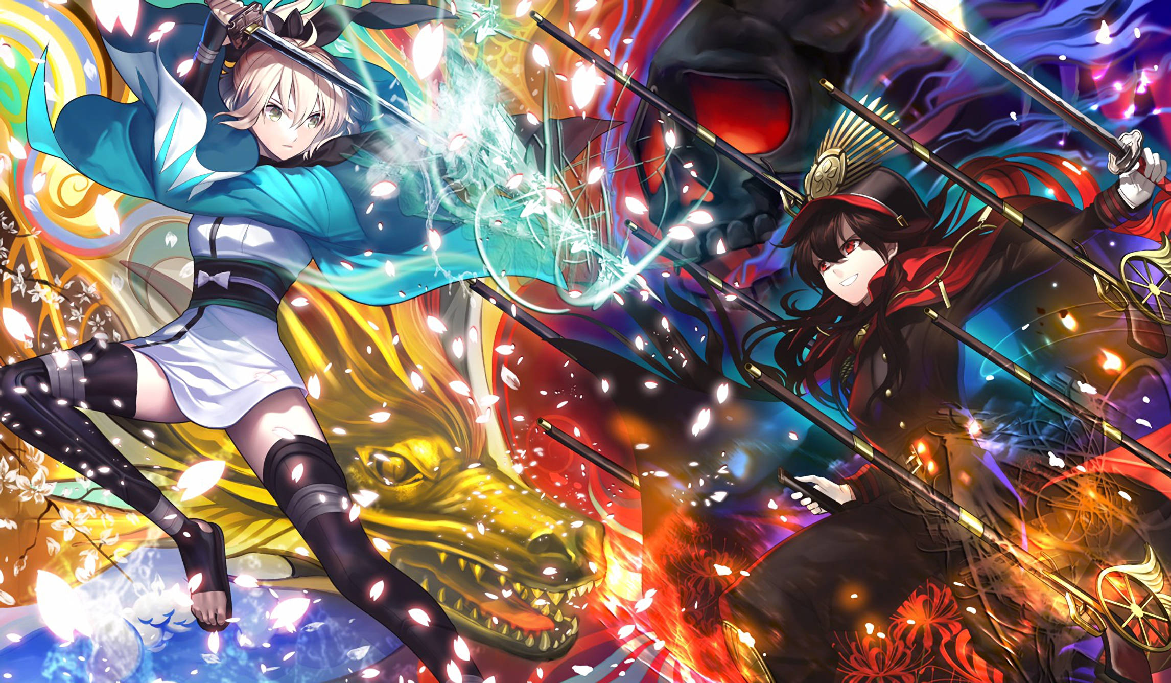 Fate/Grand Order 桌布 壁紙 — 兩位動漫戰士在充滿活力的魔法戰鬥中碰撞，手持發光劍和爆炸性能量效果。