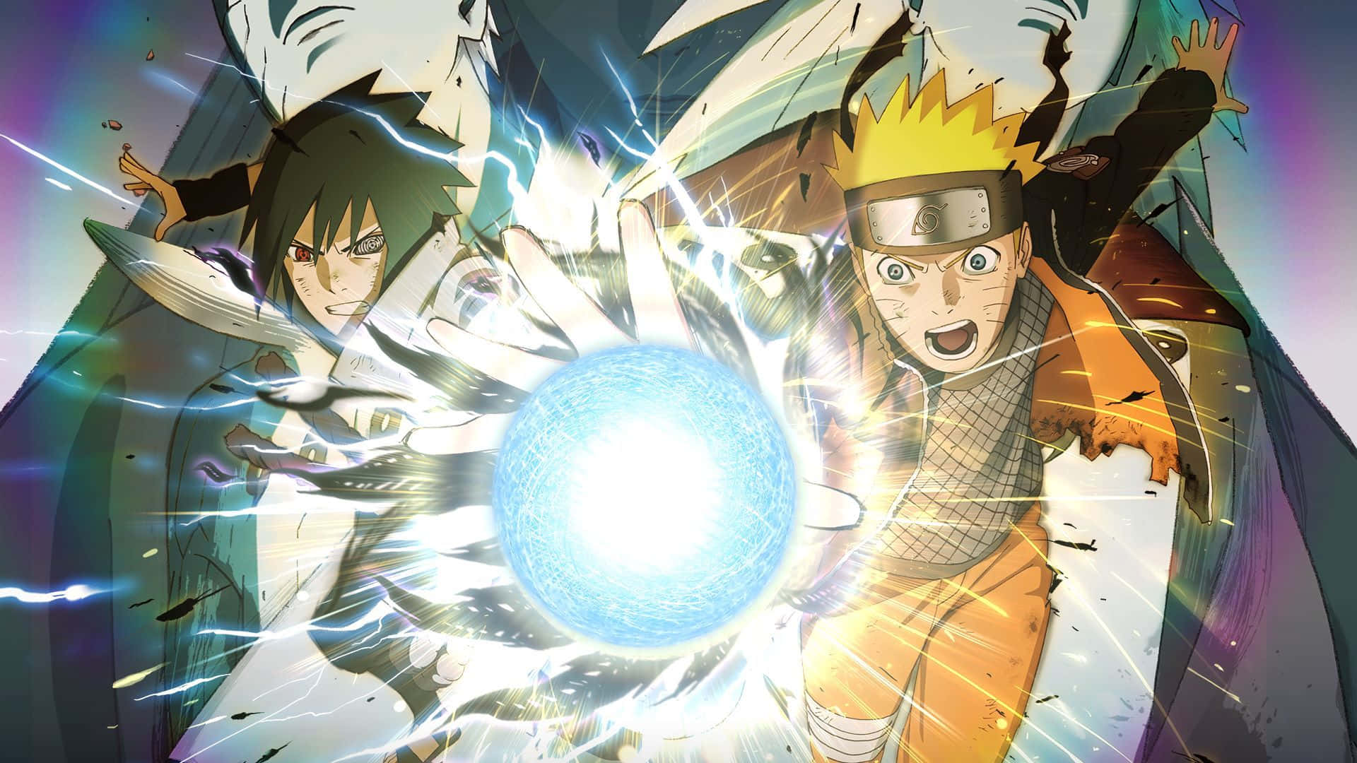 PS4 Naruto 桌布 壁紙 — 兩位動漫戰士在充滿能量火花的動態戰鬥場景中，以發光的藍色查克拉球體碰撞。