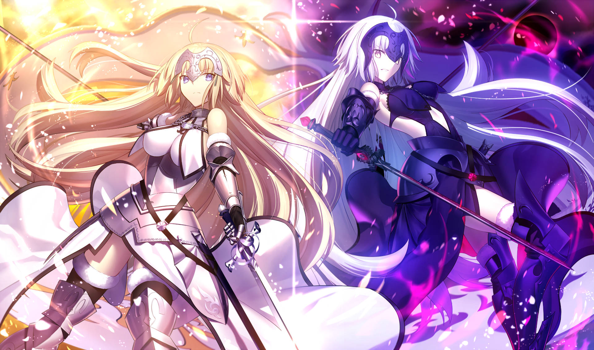 Fate/Grand Order 桌布 壁紙 — 兩位動漫戰士在光芒四射的光明與黑暗能量中，以動態姿勢和發光效果交鋒。
