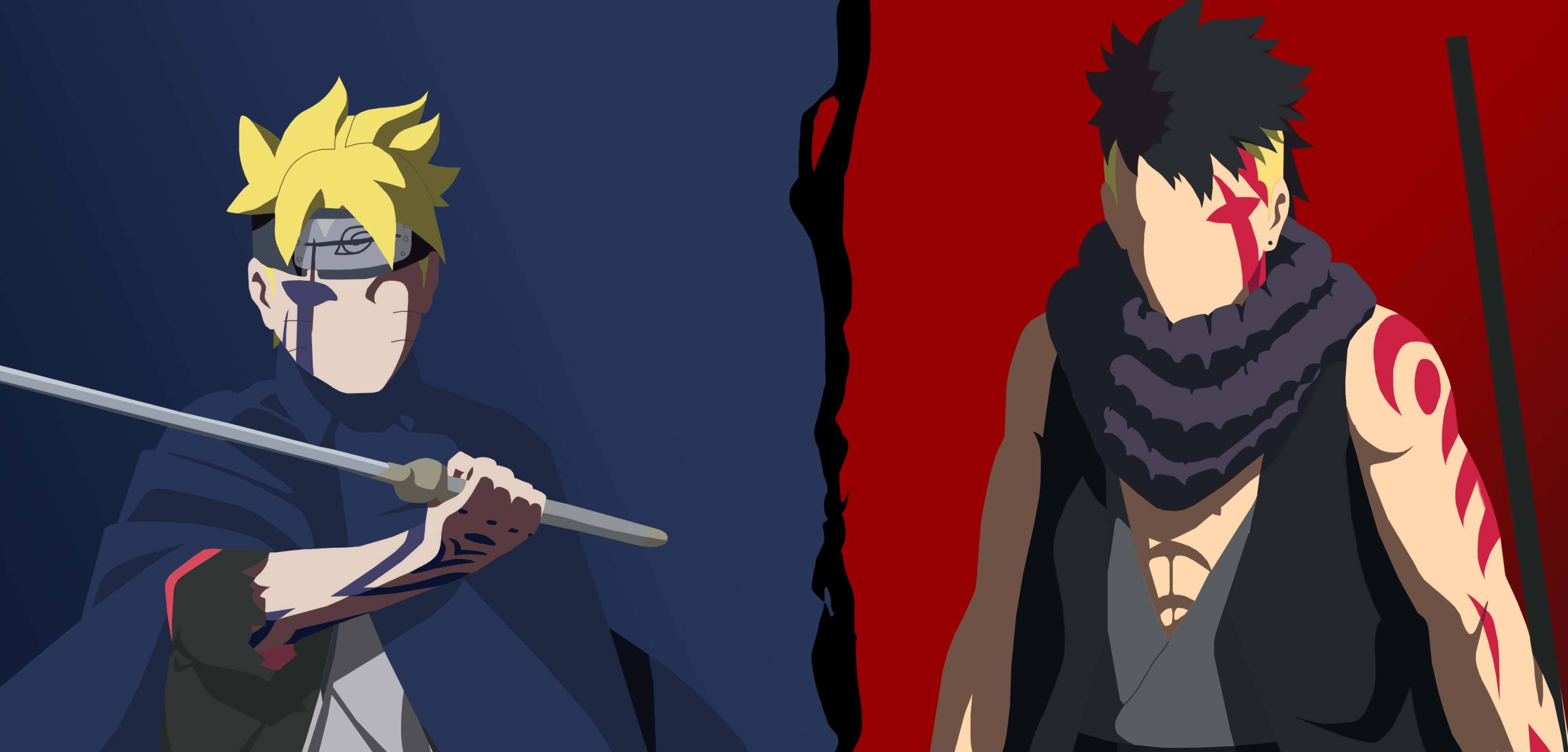 Boruto Vs Kawaki 桌布 壁紙 — 兩位動漫戰士在分割畫面戰鬥中對峙，一位身穿藍色，另一位身穿紅色。
