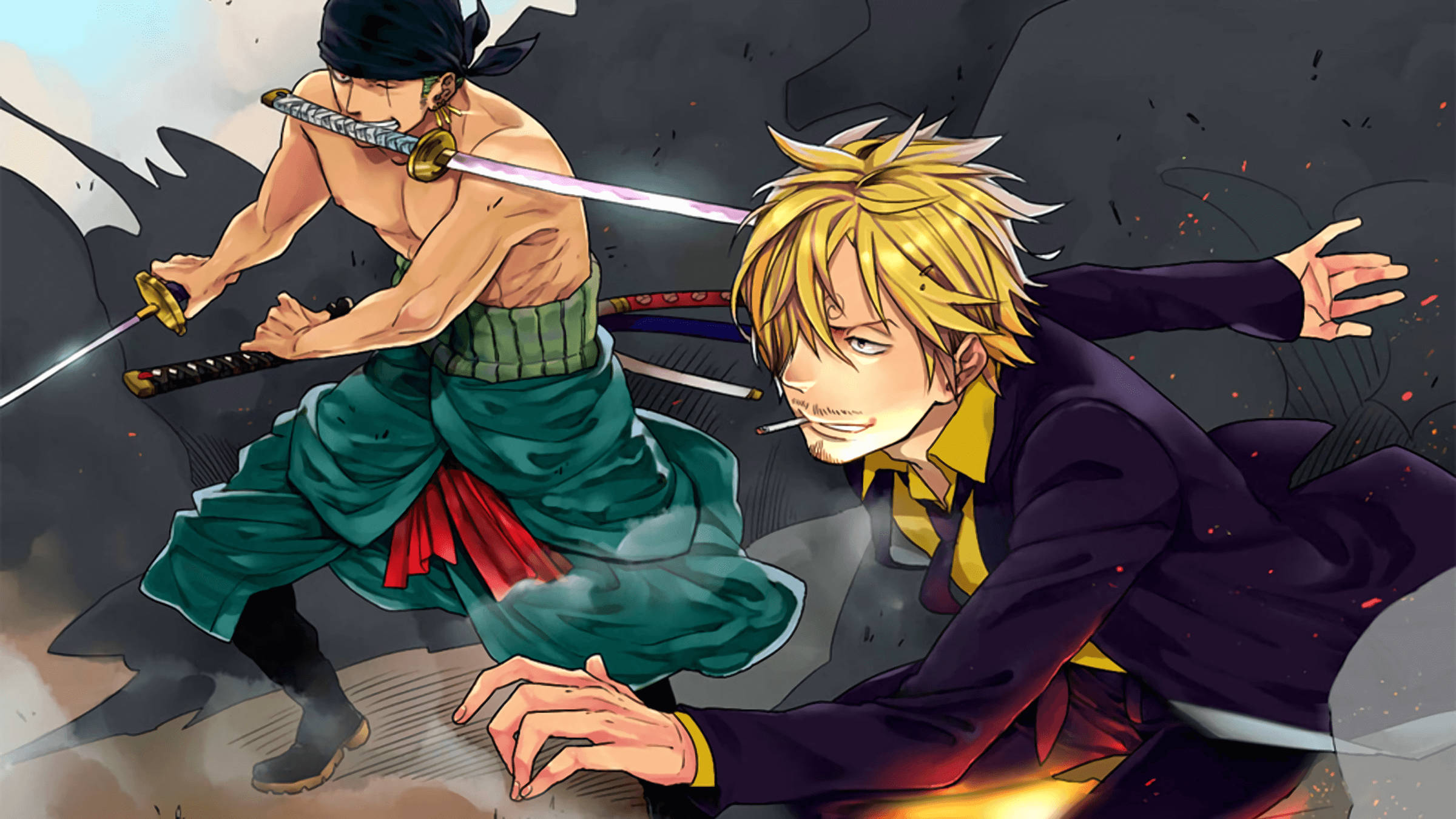 Sanji 桌布 壁紙 — 兩位動漫戰士在劍與煙霧環繞的動態戰鬥中交鋒。