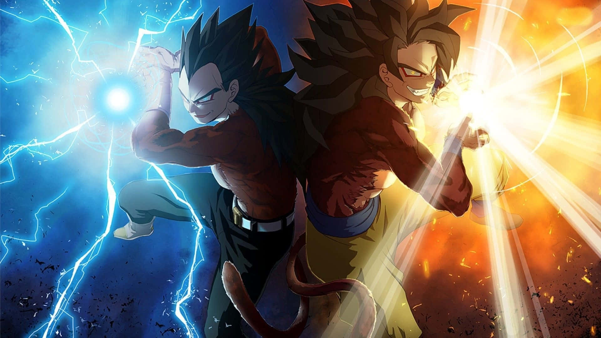 kid goku 桌布 壁紙 — 兩位動漫戰士在動態戰鬥中碰撞，藍色閃電和橙色能量光束從他們的拳頭中噴發出來。
