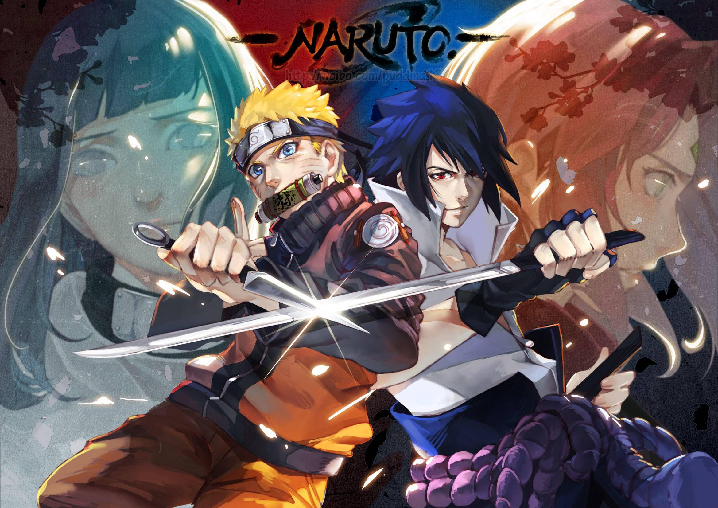 Naruto Gucci 桌布 壁紙 — 兩位動漫戰士在動態戰鬥場景中劍刃交鋒，劍刃發光，背景人物模糊。