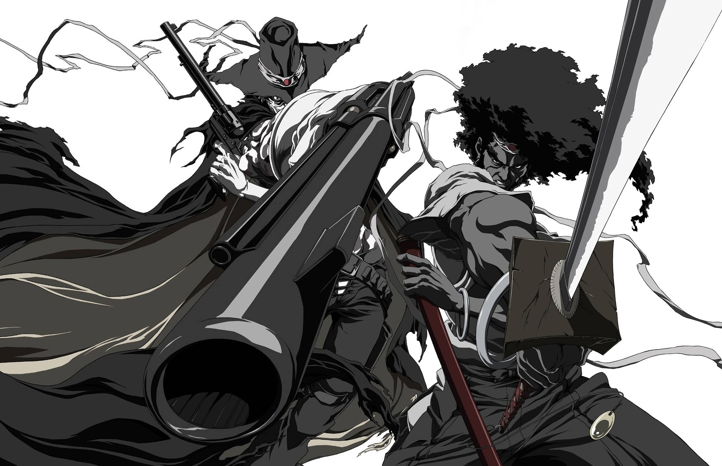 Anime Samurai 桌布 壁紙 — 兩位動漫戰士在動態黑白戰鬥場景中交鋒，披風和武器飄逸。