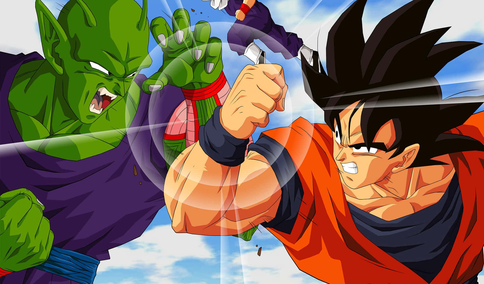Namek 桌布 壁紙 — 兩位動漫戰士在半空中拳頭相鎖，以明亮的藍天為背景碰撞。
