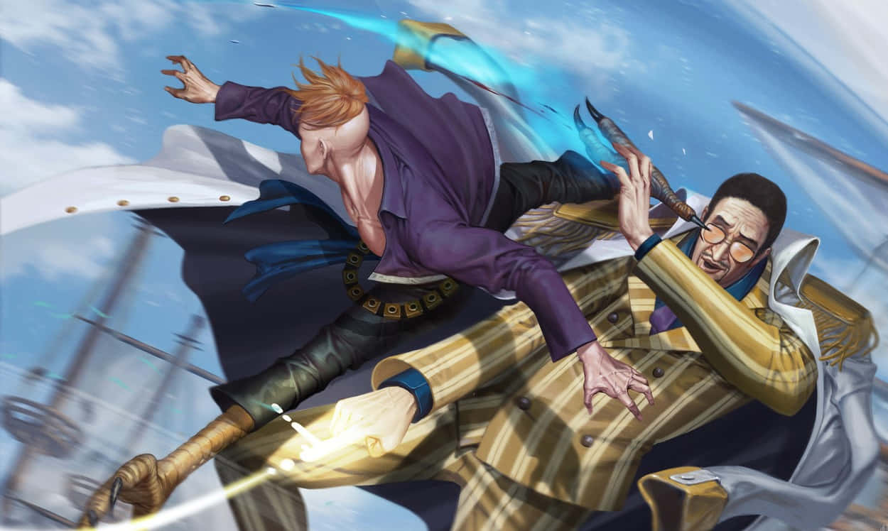 Kizaru 桌布 壁紙 — 兩位動漫戰士在半空中用發光劍交鋒，背景是明亮的藍天和船隻索具。