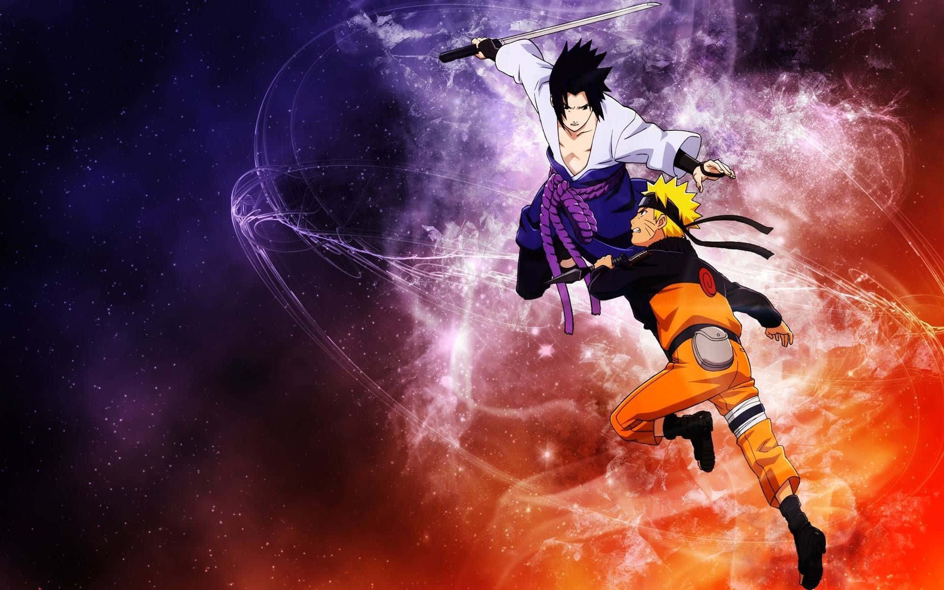 Ps4 Naruto 桌布 壁紙 — 兩位動漫戰士在半空中碰撞，背景是旋轉的紫色和橙色能量的宇宙背景。