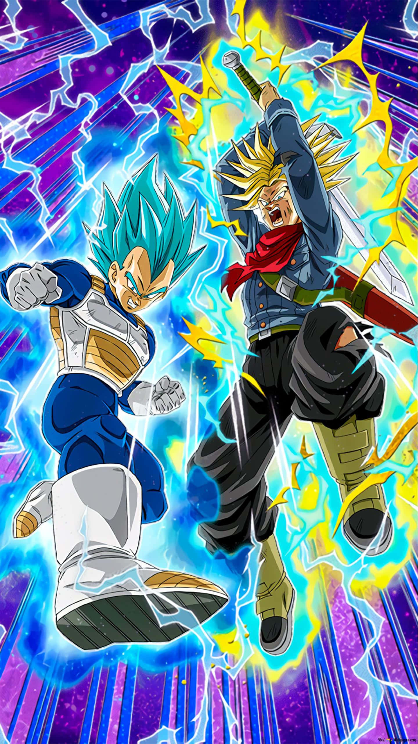 Vegeta And Trunks 桌布 壁紙 — 兩位動漫戰士在半空中碰撞，被爆炸性的藍色和黃色能量包圍，背景是宇宙紫色。