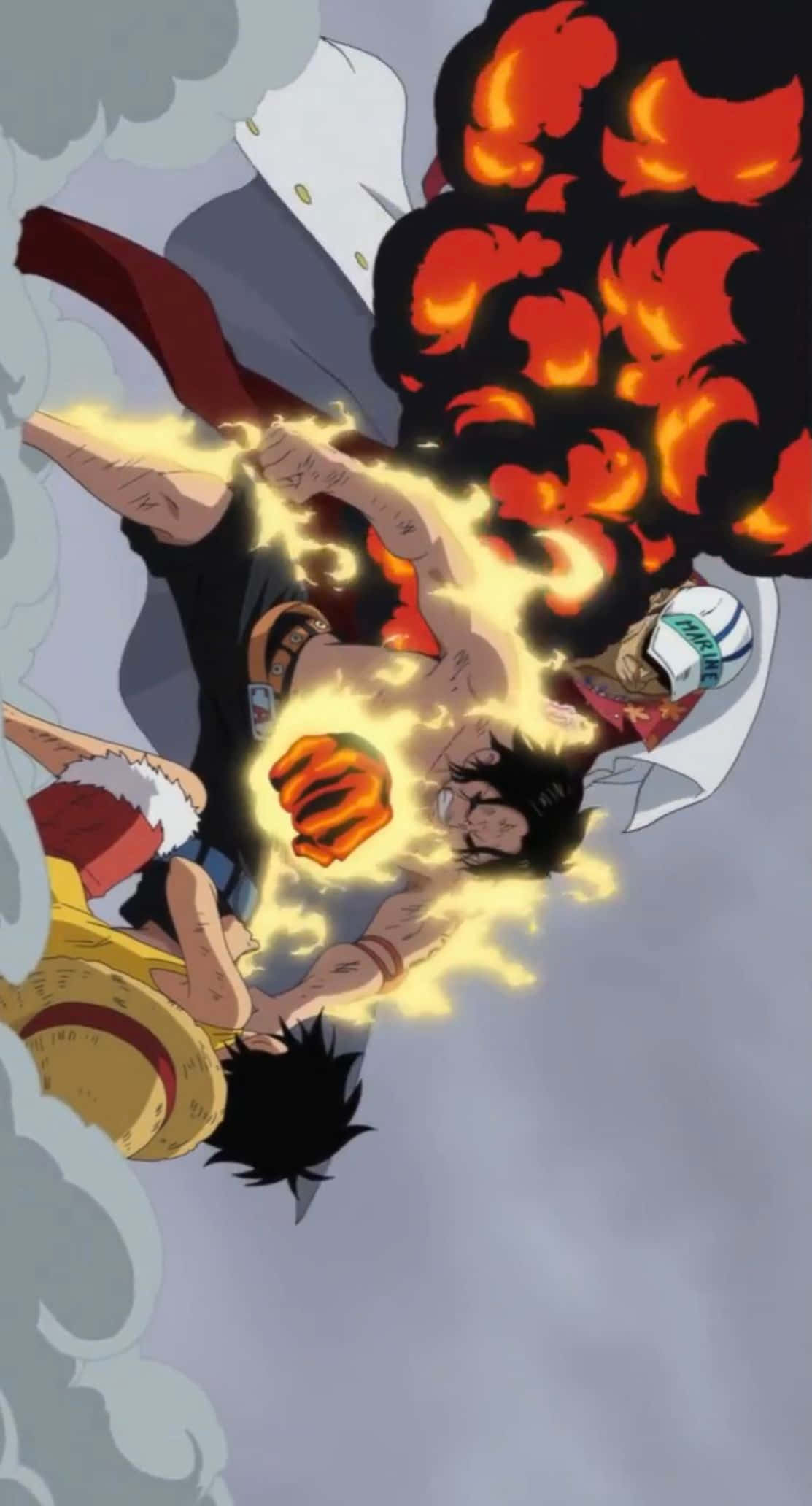 One Piece Ace's Death 桌布 壁紙 — 兩位動漫戰士在天空中碰撞，伴隨著熾熱的能量和爆炸性的火焰，背景是陰雲密佈的天空。