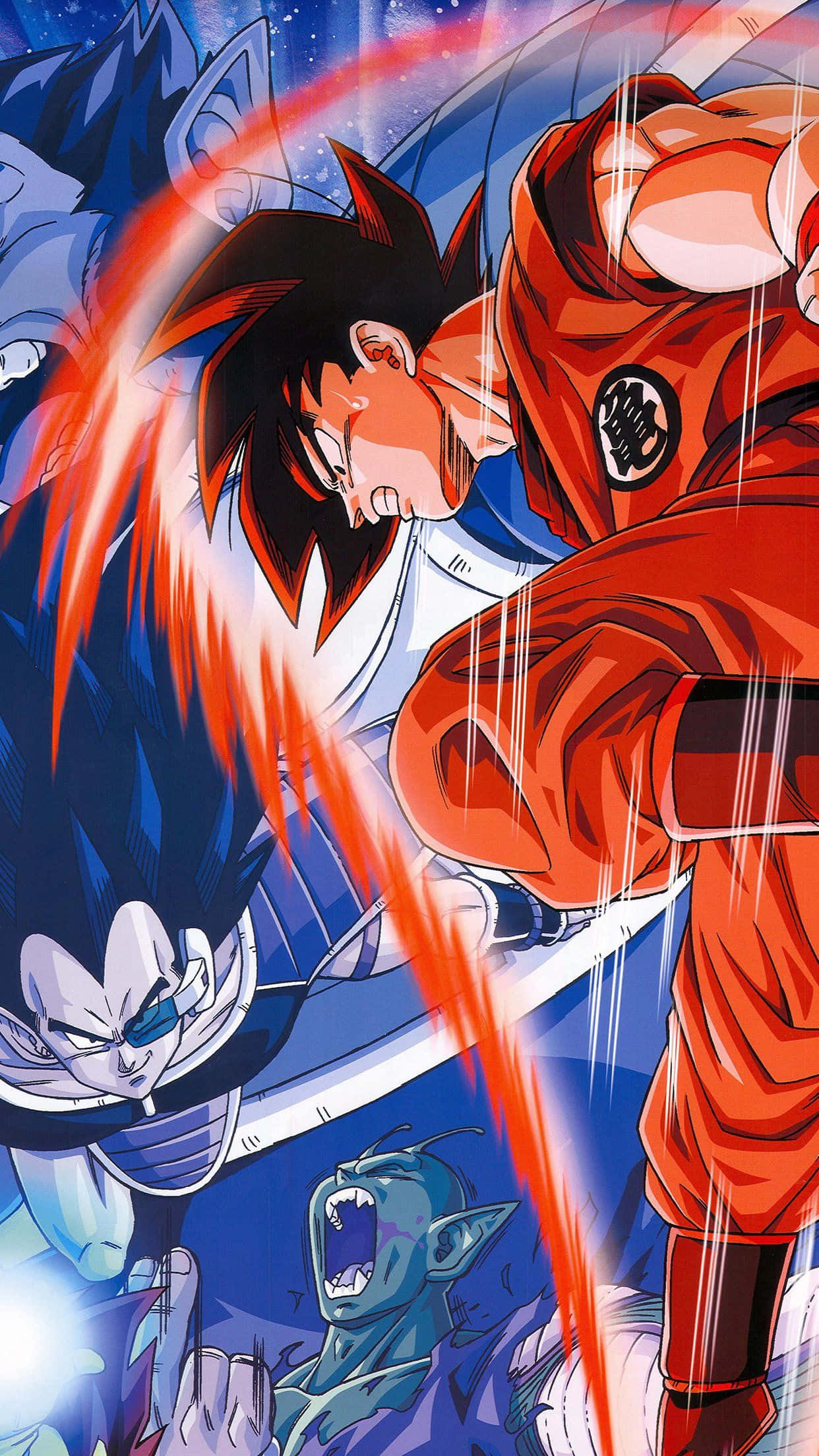 Dragon Ball iPhone 桌布 壁紙 — 兩位動漫戰士在宇宙背景下以紅色能量光束和激烈表情進行動態戰鬥場景。