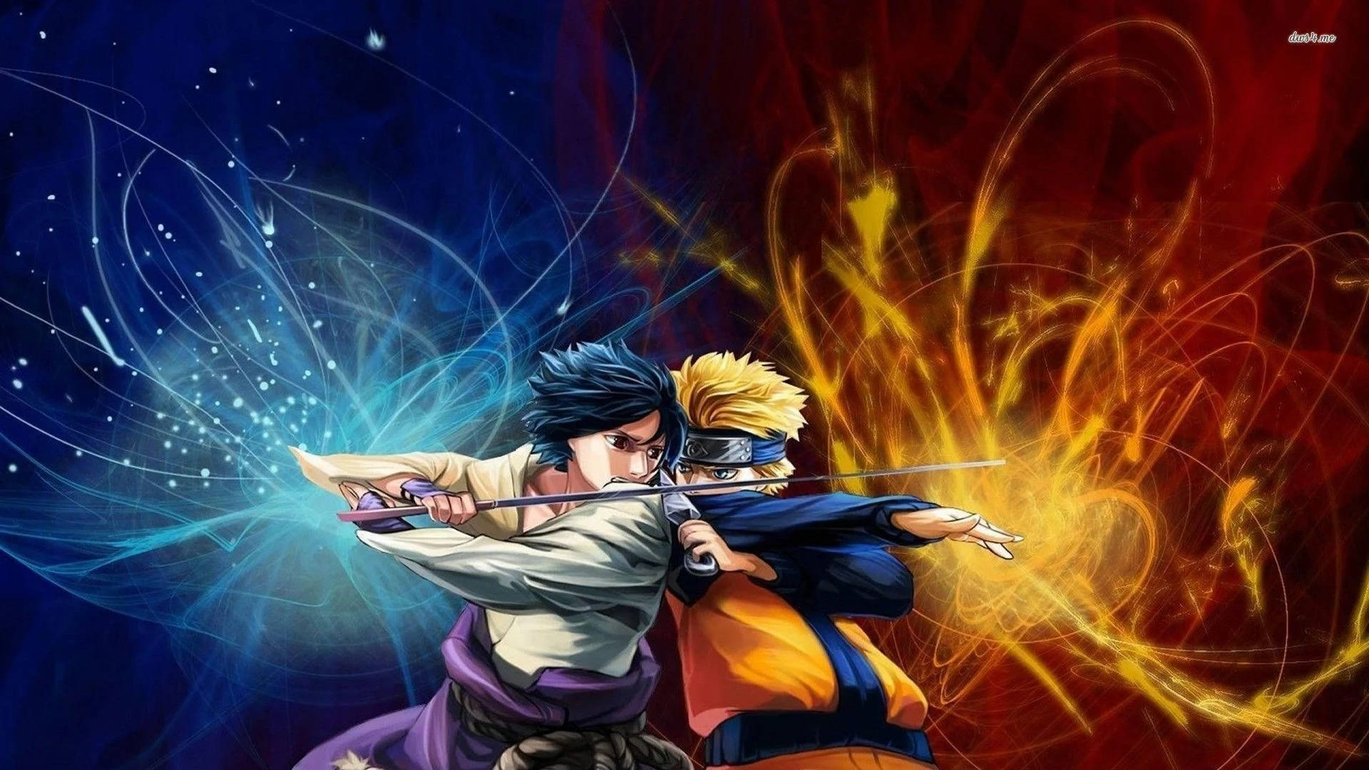 Naruto And Sasuke 桌布 壁紙 — 兩位動漫戰士在宇宙背景下揮劍激戰，藍色和橙色能量在他們周圍旋轉。