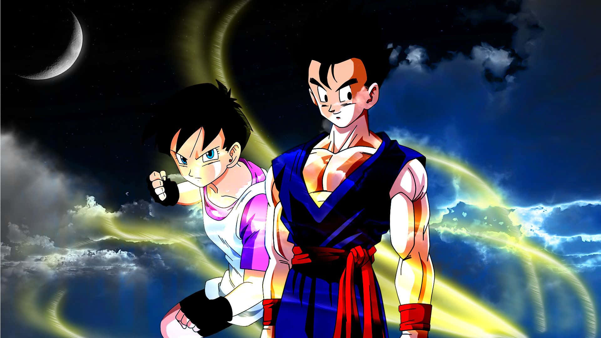 Videl 桌布 壁紙 — 兩位動漫戰士在宇宙背景下準備就緒，周圍環繞著旋轉的能量和一彎新月。