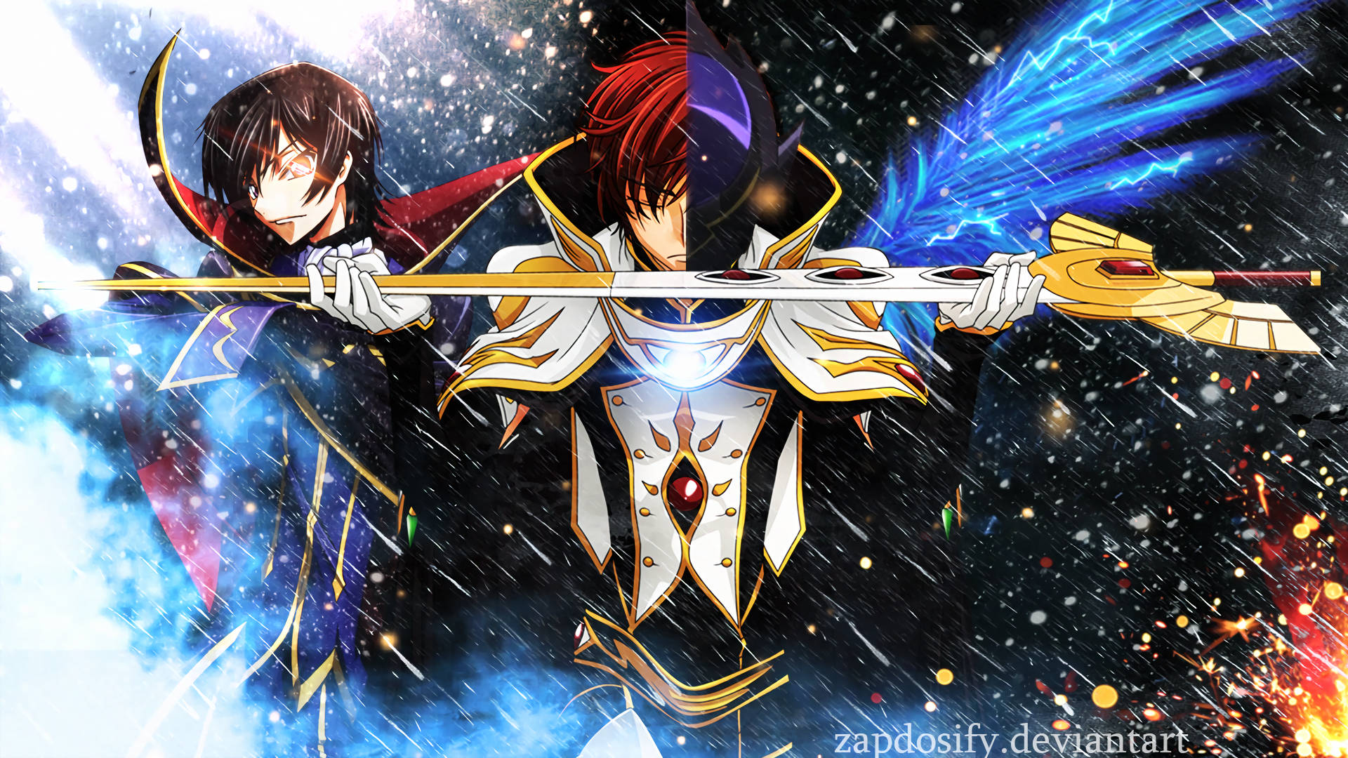 Lelouch 桌布 壁紙 — 兩位動漫戰士在宇宙風暴中碰撞，揮舞著發光的劍，背景是繁星點點的星雲。