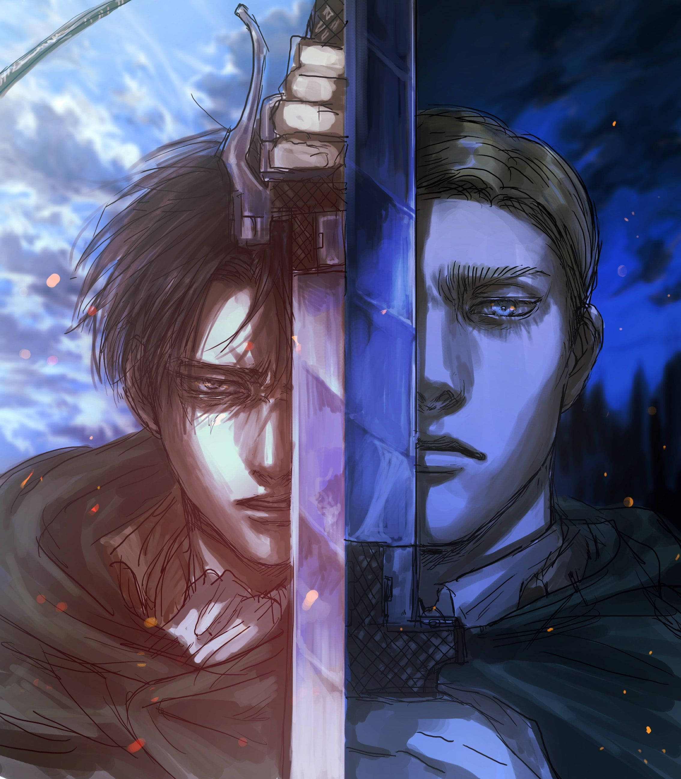 Levi 桌布 壁紙 — 兩位動漫戰士在對比天空色調下，隔著發光的劍刃對峙。