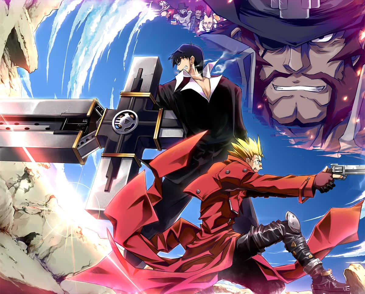 Nicholas D Wolfwood 桌布 壁紙 — 兩位動漫戰士在岩石峽谷中激烈交鋒，一個巨大的威脅面孔在明亮的藍天下籠罩在他們頭頂。