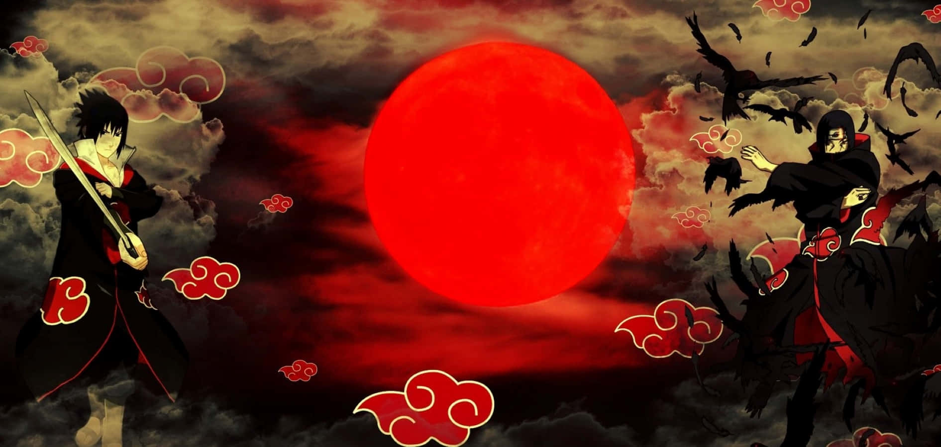Akatsuki Sasuke 桌布 壁紙 — 兩位動漫戰士在巨大的紅日下，於翻滾的烏雲和飛翔的烏鴉中交鋒。