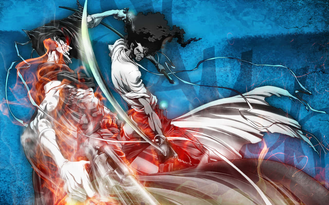Afro Samurai 桌布 壁紙 — 兩位動漫戰士在帶有紋理的藍色背景上，以火焰和冰霜能量進行動態戰鬥。