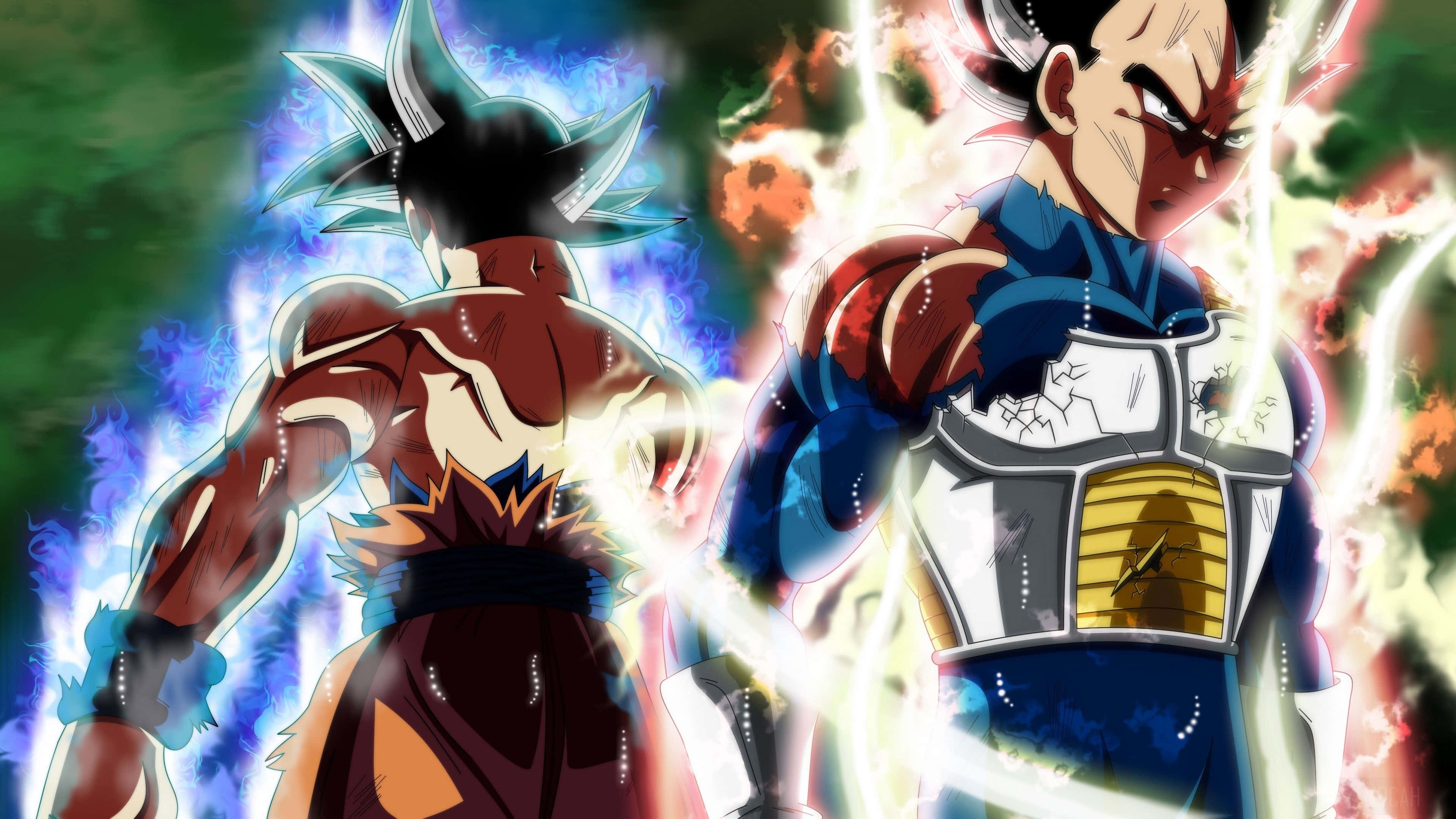 Goku And Vegeta 桌布 壁紙 — 兩位動漫戰士在帶有電火花的發光能量碰撞和充滿活力的宇宙背景中對峙。