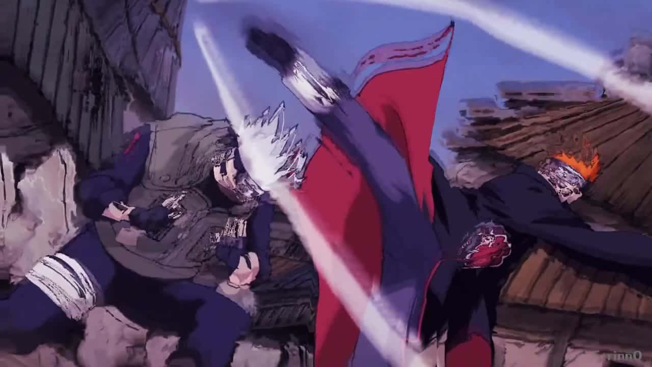 Kakashi And Pain 桌布 壁紙 — 兩位動漫戰士在廢棄村莊中碰撞，伴隨著發光的劍和動態動作線條。