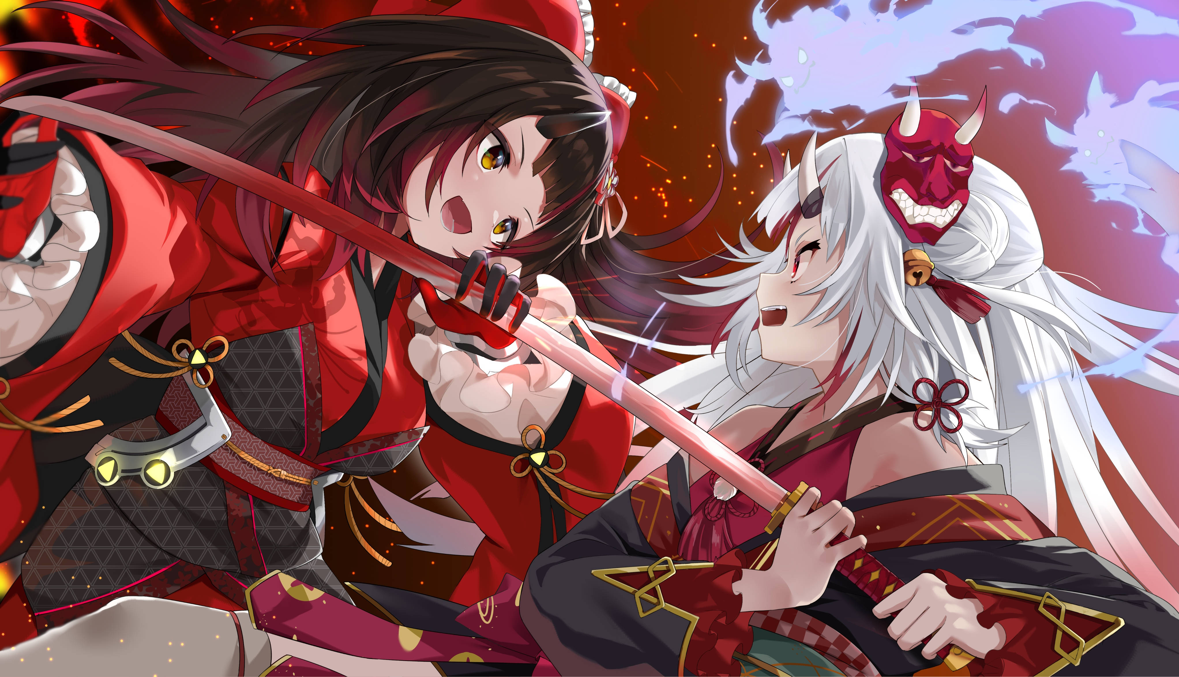 動漫女孩 桌布 壁紙 — 兩位動漫戰士在惡魔背景中，伴隨著旋轉的能量，激烈交鋒劍刃。