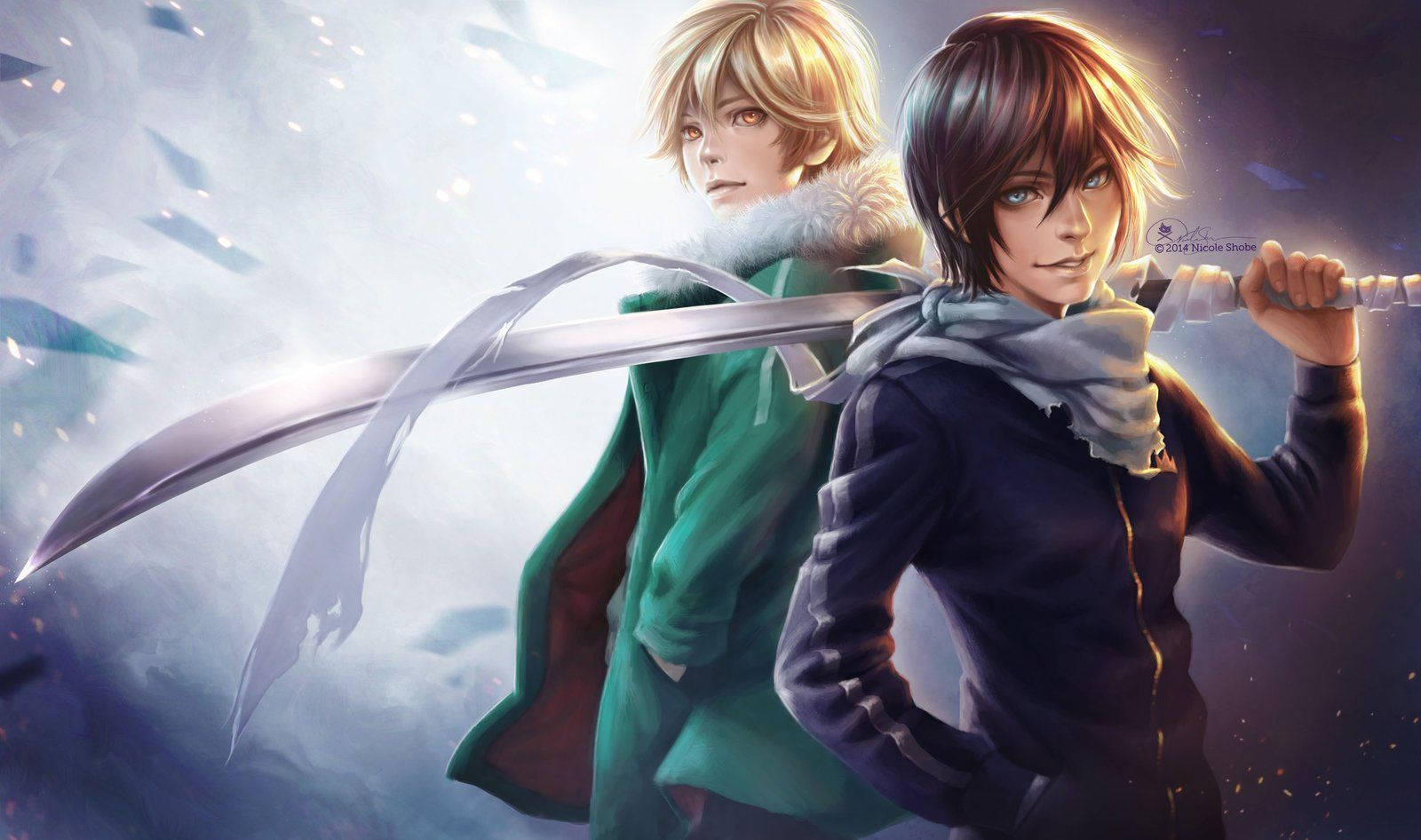 Noragami 桌布 壁紙 — 兩位動漫戰士在戲劇性的天空下，於旋轉的雪花中持劍而立。
