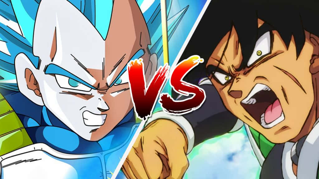 Vegeta And Broly 桌布 壁紙 — 兩位動漫戰士在戲劇性的戰鬥場景中對峙，一個大膽的紅色VS圖形將畫面一分為二。