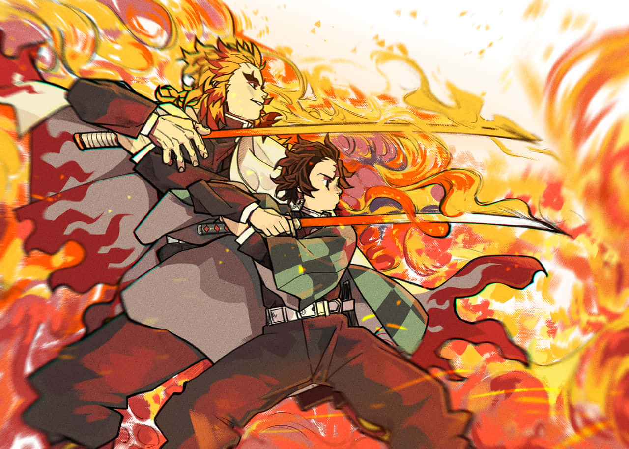 Rengoku And Tanjiro 桌布 壁紙 — 兩位動漫戰士在旋轉的火焰中交鋒，呈現出一場動態的戰鬥場景。