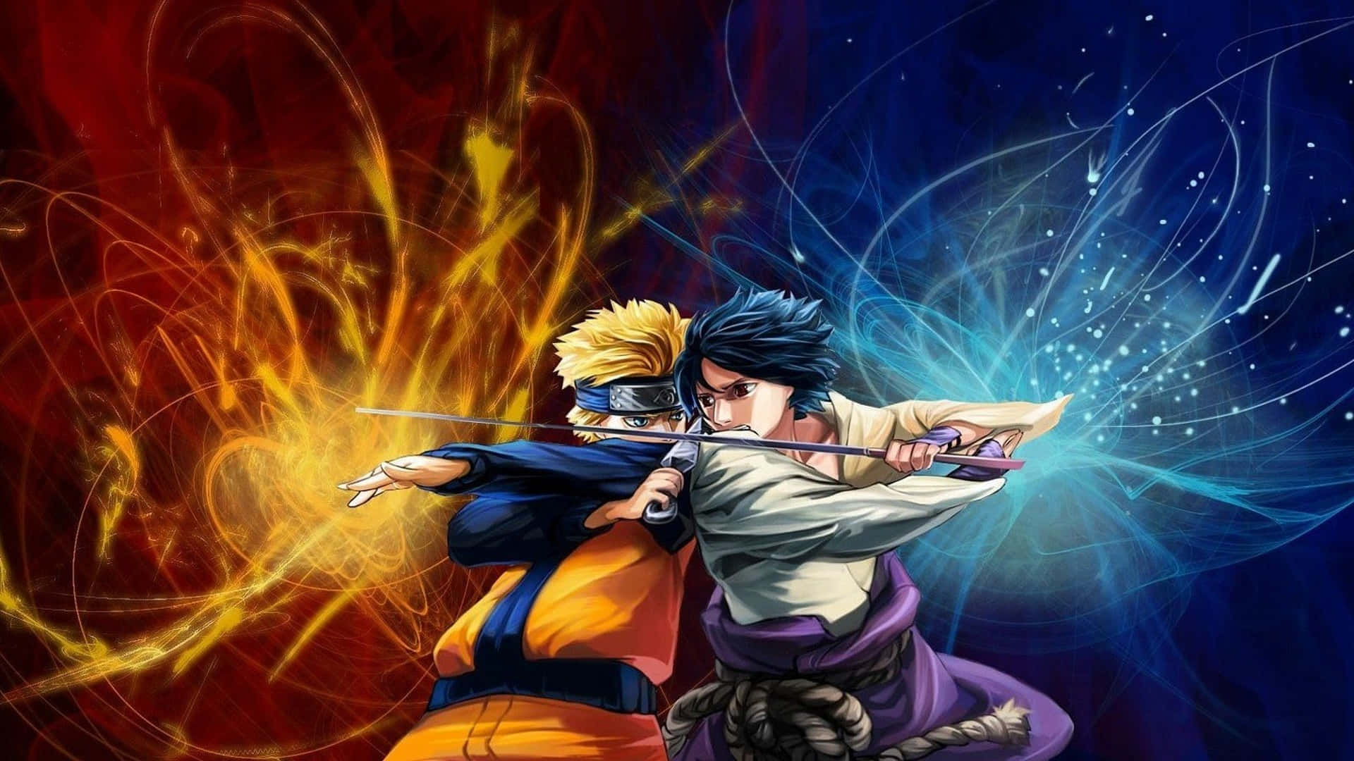 Naruto Anime 桌布 壁紙 — 兩位動漫戰士在旋轉的紅色和藍色能量中揮劍交鋒，呈現動態戰鬥場景。