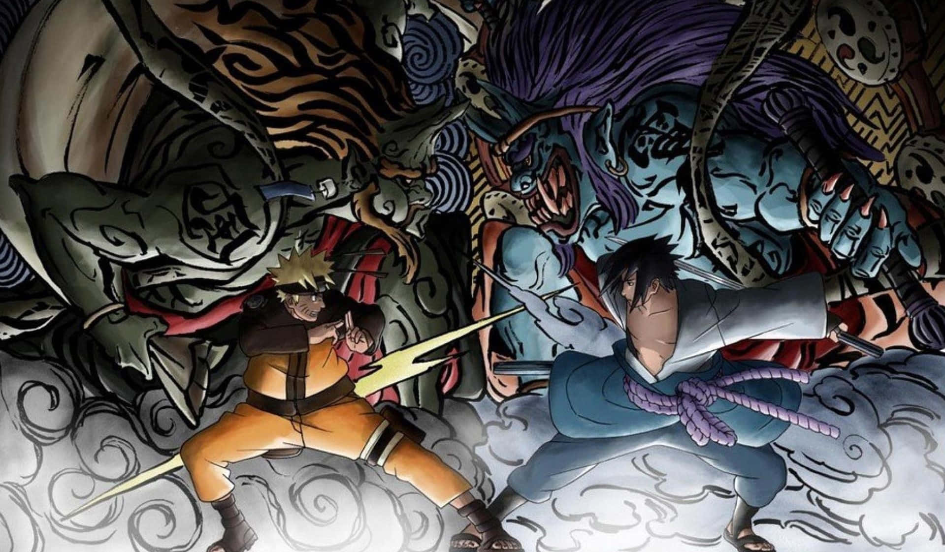 Naruto Anime 桌布 壁紙 — 兩位動漫戰士在旋轉的雲層和怪獸般的靈魂包圍下進行激烈的戰鬥。