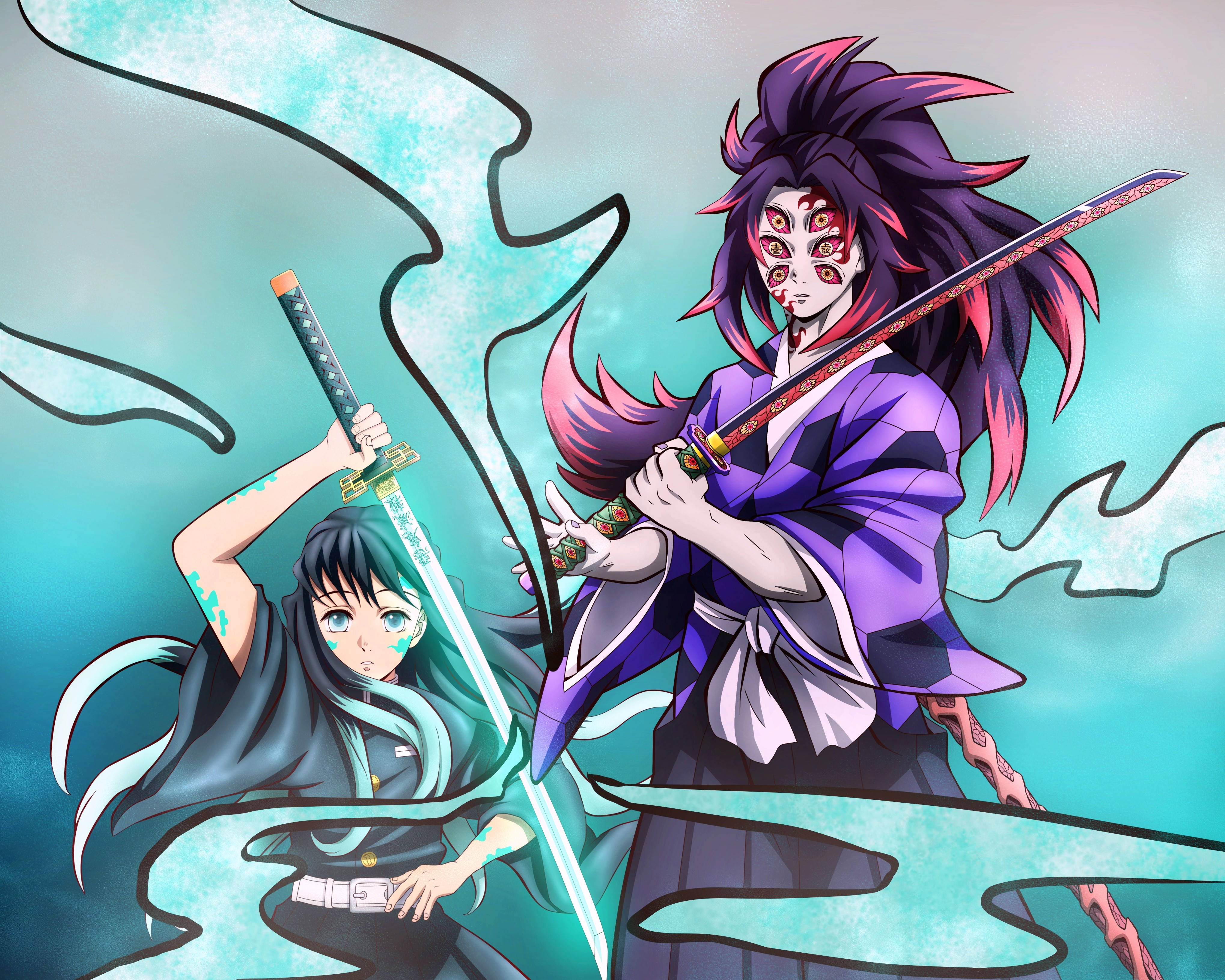 Kokushibo 桌布 壁紙 — 兩位動漫戰士在旋轉的青綠色能量中揮劍交鋒，呈現動態戰鬥場景。