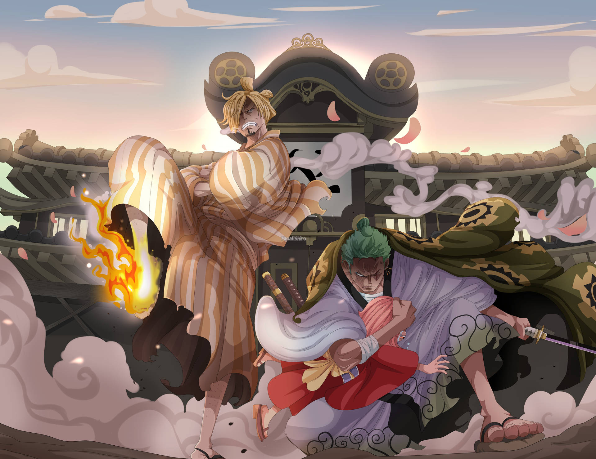 兩位動漫角色在日落時分於神社附近用劍和火戰鬥。 — 索隆 GIF 壁紙