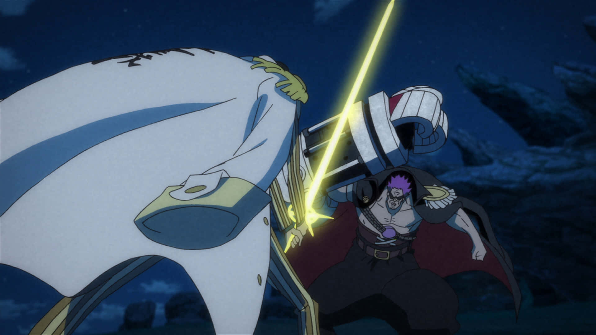 Kizaru 桌布 壁紙 — 兩位動漫戰士在星空下以發光的黃色刀刃和戲劇性的岩石地形交鋒。