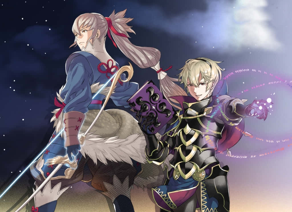 兩位動漫戰士，一人持劍，一人用魔法，在星空下 — Fire Emblem Warriors 壁紙