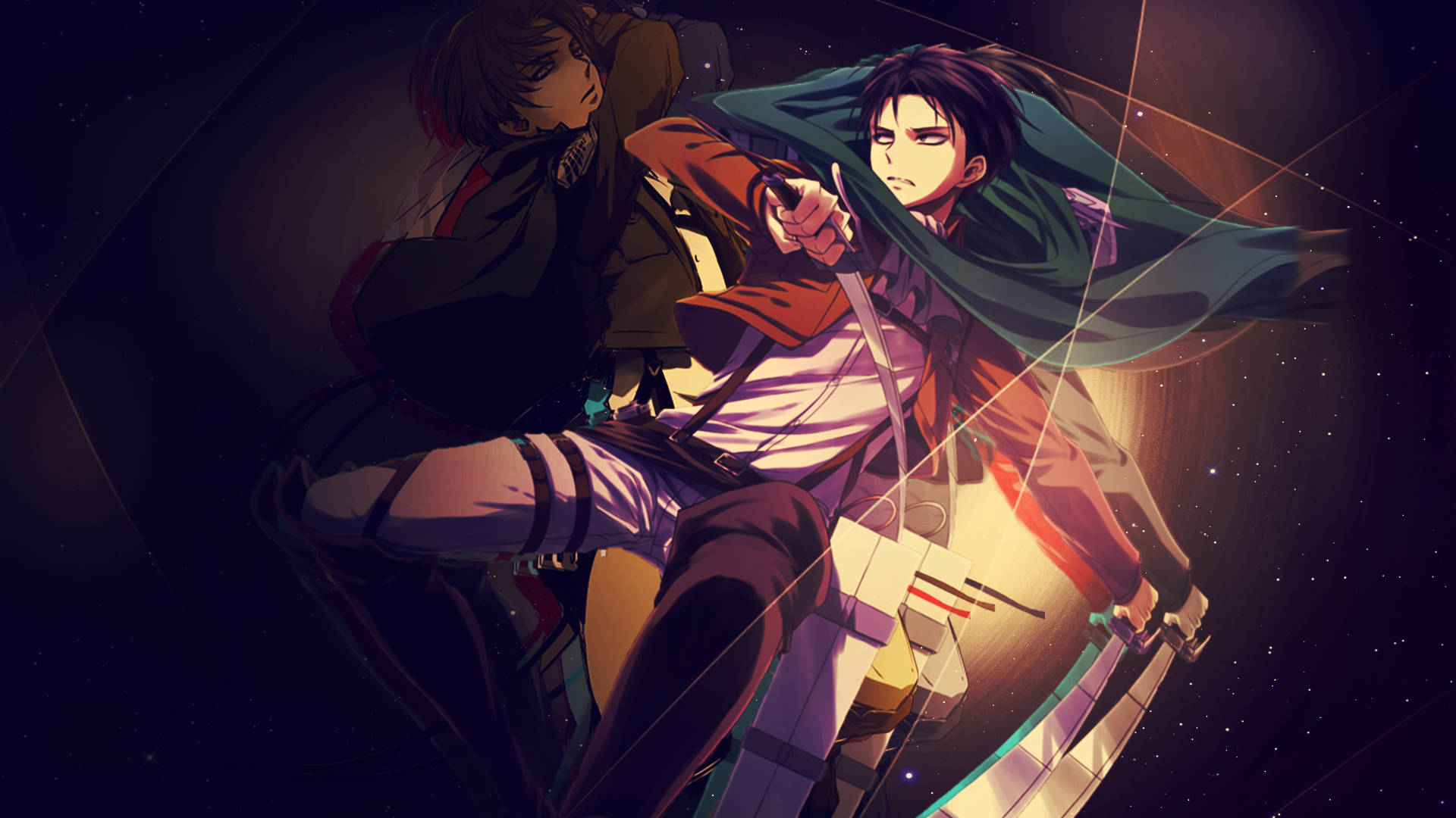 levi aesthetic 桌布 壁紙 — 兩位動漫戰士在星空夜空下以動態戰鬥姿勢對峙，伴隨著發光的能量線條。