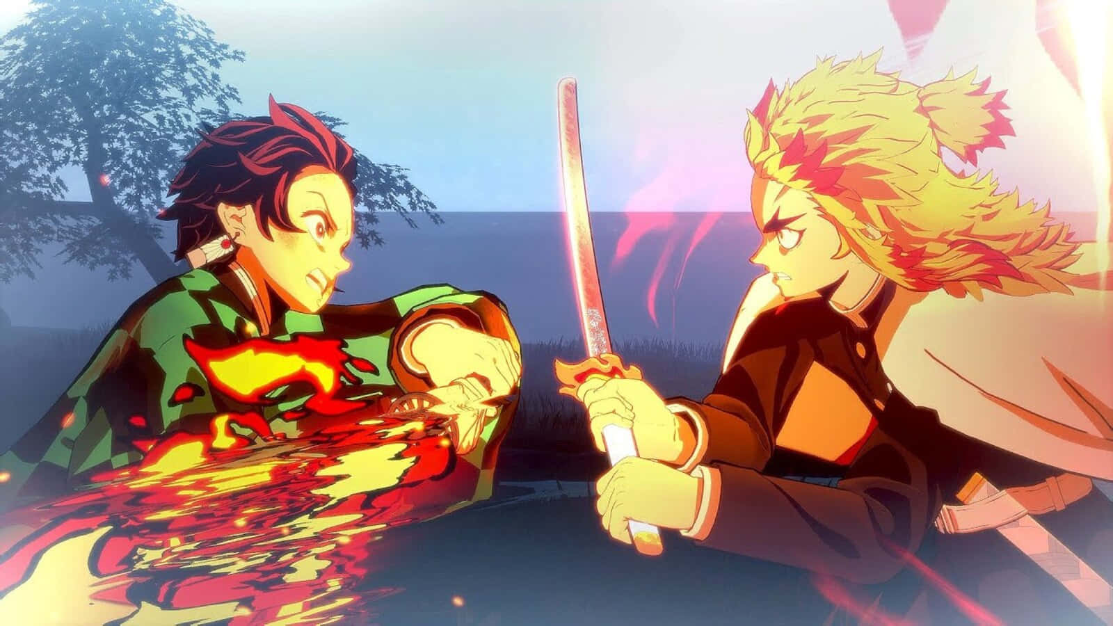 Rengoku And Tanjiro 桌布 壁紙 — 兩位動漫戰士在暮色天空下，以發光的劍和動態動作線條展開激烈戰鬥。
