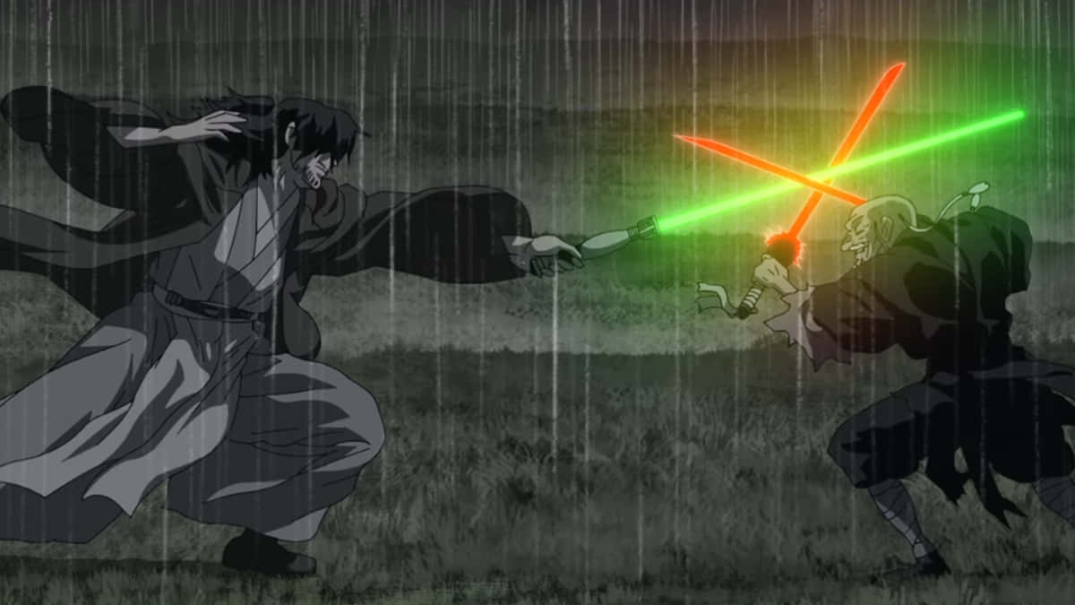 動漫角色 桌布 壁紙 — 兩位動漫戰士在暴風雨中交鋒，紅綠發光的光劍在戲劇性的決鬥中交錯。