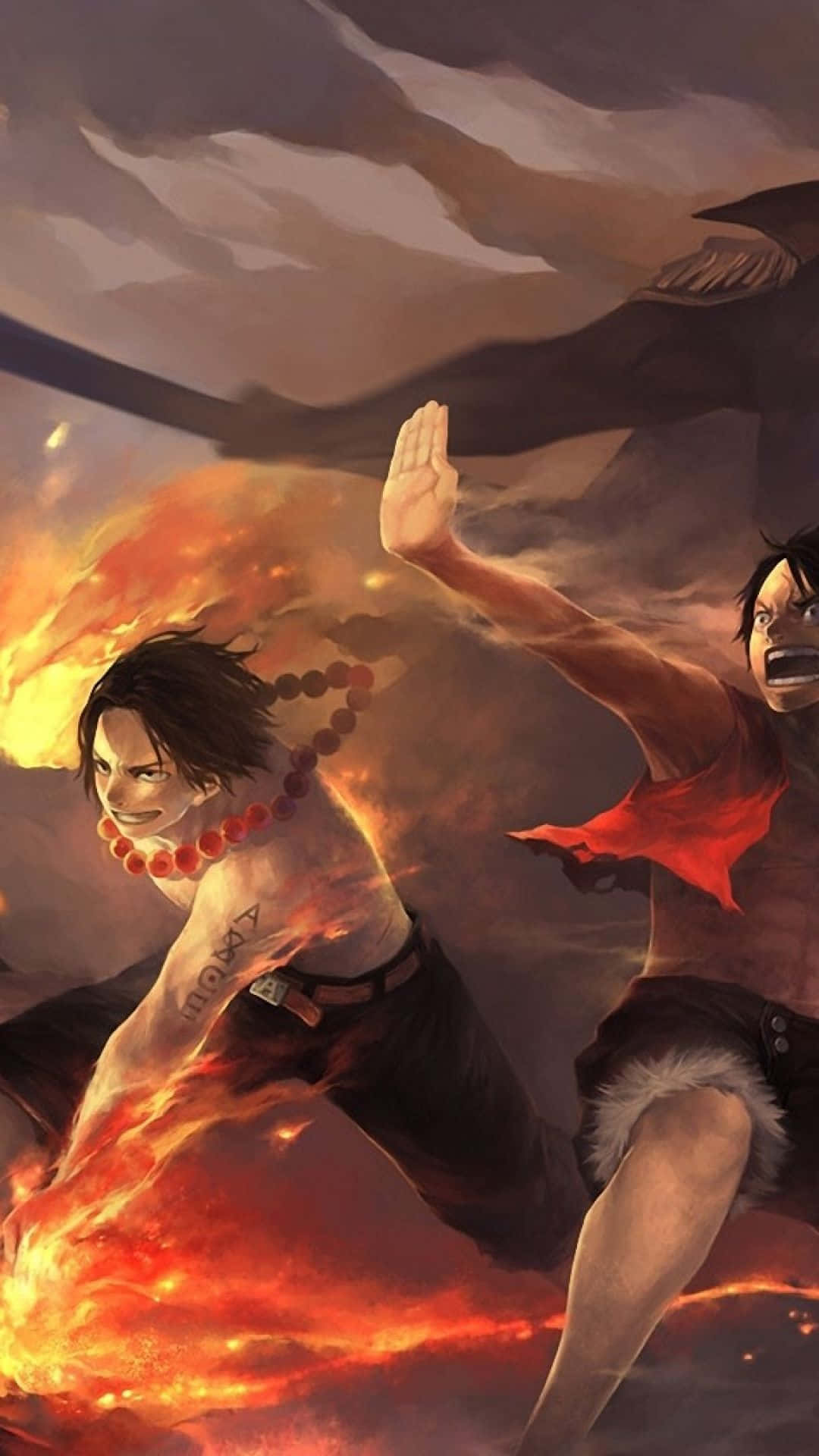 Luffy Phone 桌布 壁紙 — 兩位動漫戰士在暴風雨的天空下，以激烈的表情和熾熱的火焰展開一場激烈的戰鬥。