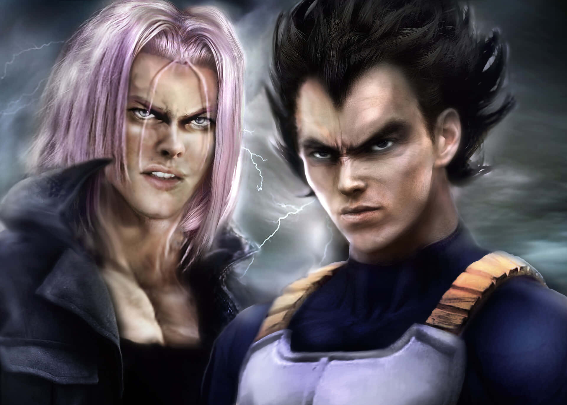 Vegeta And Trunks 桌布 壁紙 — 兩位動漫戰士在暴風雨背景下怒目而視，噼啪作響的閃電照亮了他們兇猛的表情。