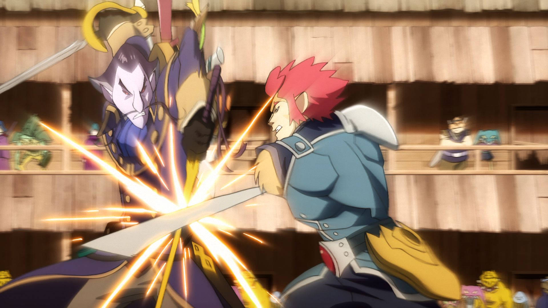 Thundercats 桌布 壁紙 — 兩位動漫戰士在木製競技場中刀劍相撞，刀鋒間迸發出明亮的火花。