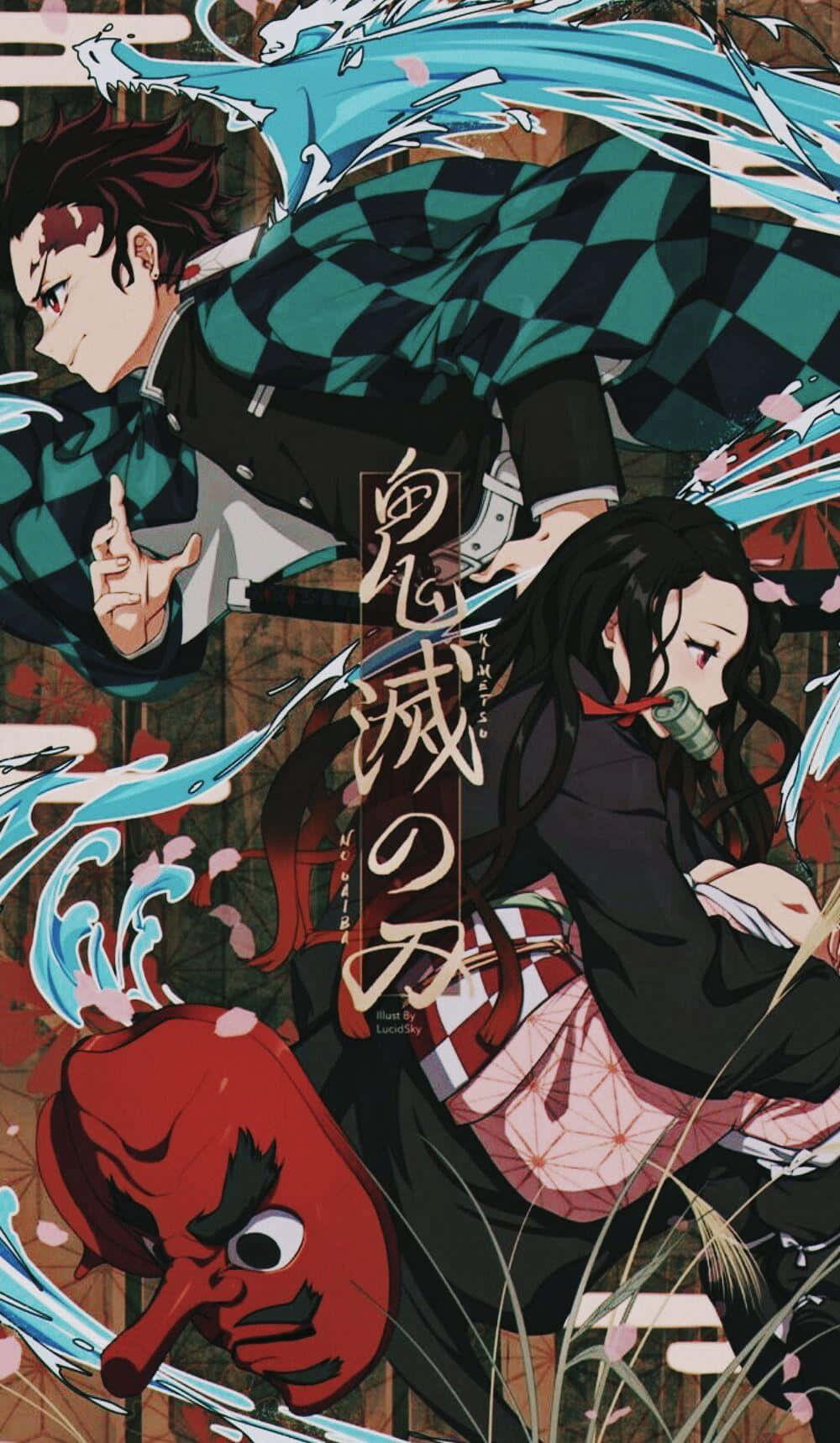 Demon Slayer iPad 桌布 壁紙 — 兩位動漫戰士在櫻花和紅色惡魔面具中，以水為基礎的攻擊碰撞。