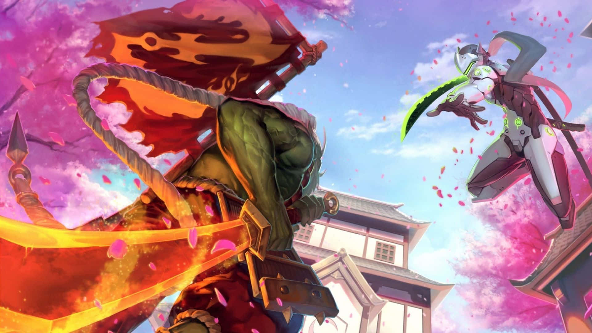 1920x1080 Overwatch 桌布 壁紙 — 兩位動漫戰士在櫻花飄落、天空絢麗的場景中激烈交鋒。