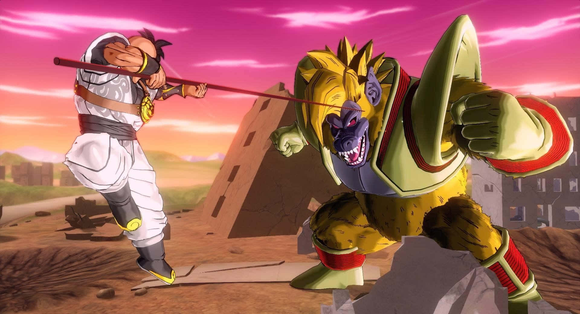 Dragon Ball Xenoverse 桌布 壁紙 — 兩位動漫戰士在沙漠戰場上，在充滿活力的粉紅色和橙色日落天空下交鋒。
