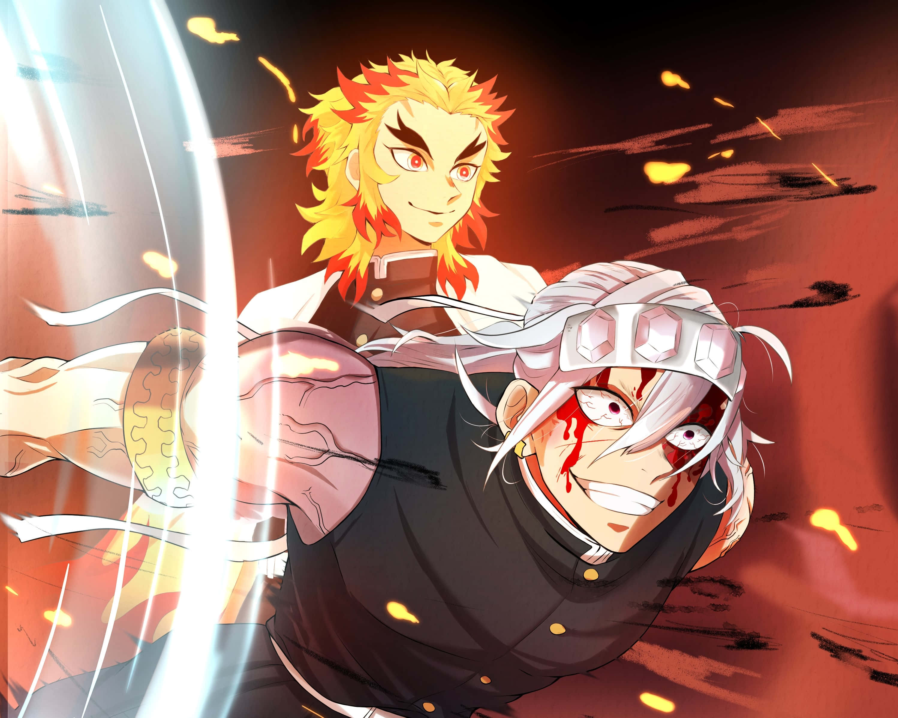 Rengoku And Tengen 桌布 壁紙 — 兩位動漫戰士在深紅色背景下，以發光的刀刃和飛濺的火花激烈碰撞。