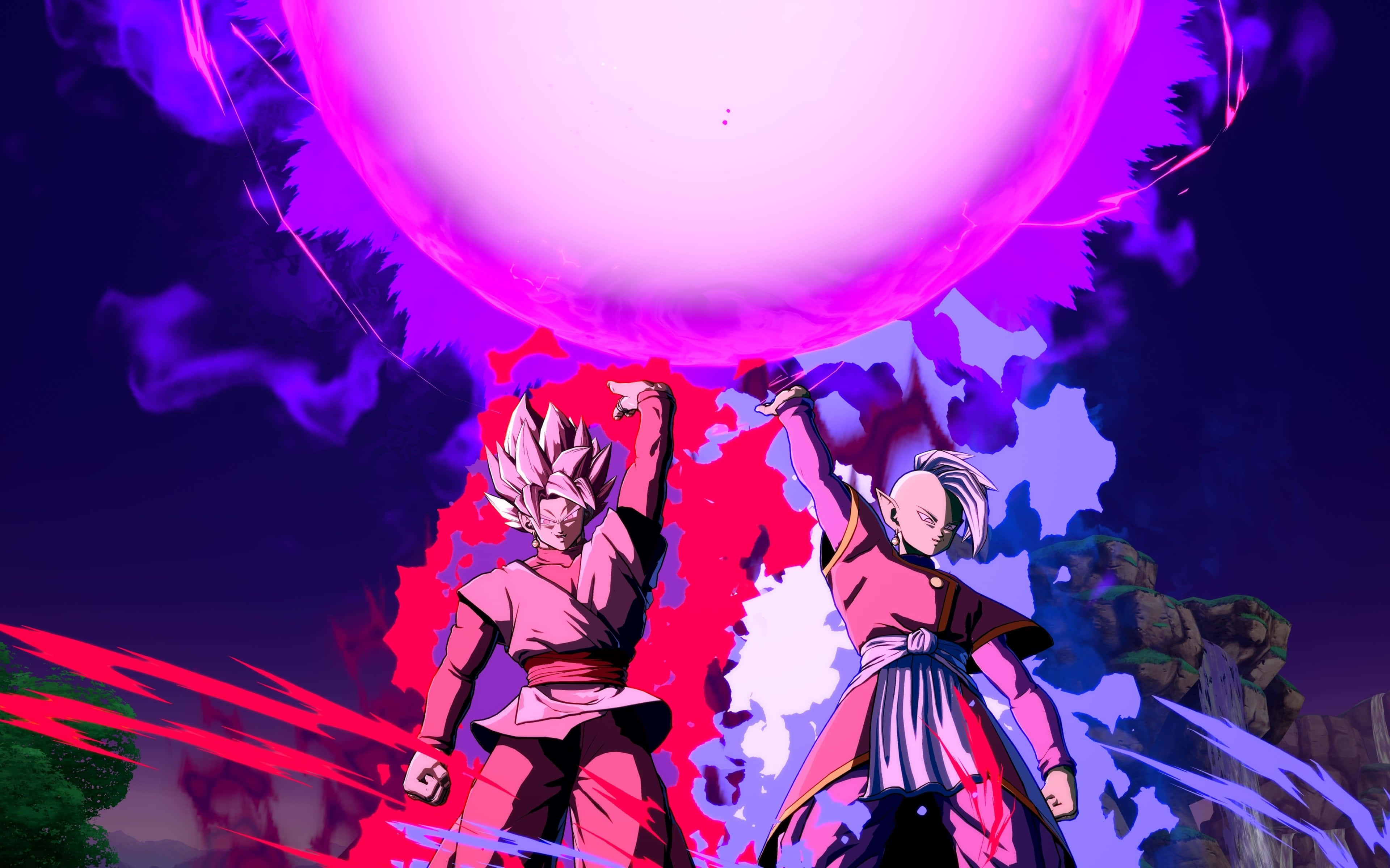 Goku Black 4K 桌布 壁紙 — 兩位動漫戰士在深紫色天空下將粉紅色能量匯聚成一個巨大的發光球體。