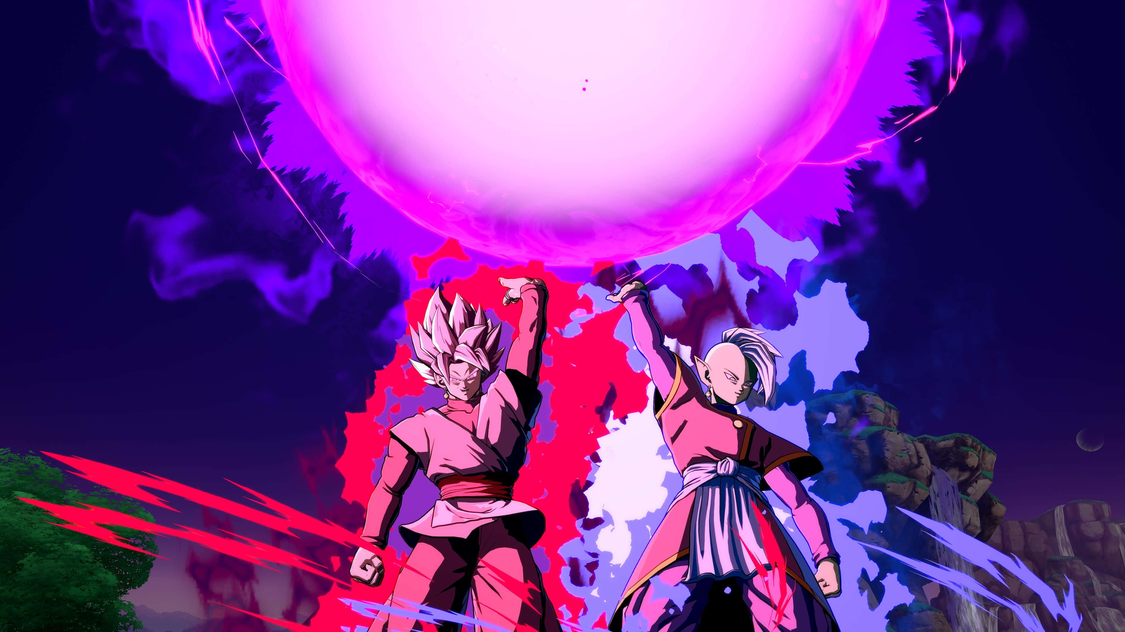 Dragon Ball Fighterz 桌布 壁紙 — 兩位動漫戰士在深紫色天空和鋸齒狀能量軌跡的背景下，將能量匯聚成一個巨大的發光球體。