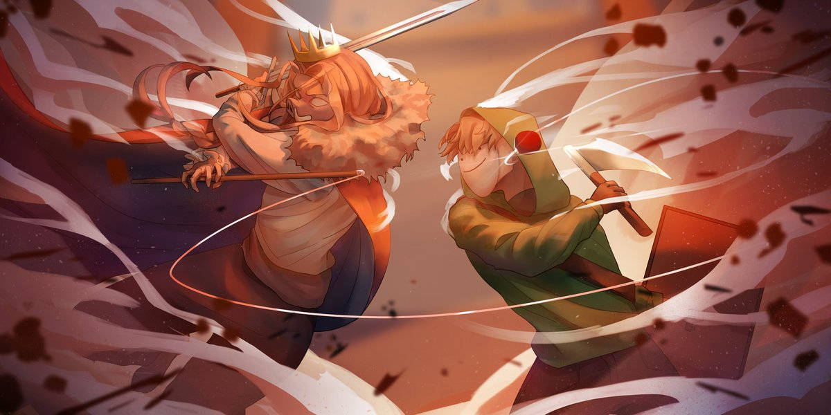 technoblade 桌布 壁紙 — 兩位動漫戰士在溫暖的日落背景下，以劍和旋轉的能量效果進行動態戰鬥。