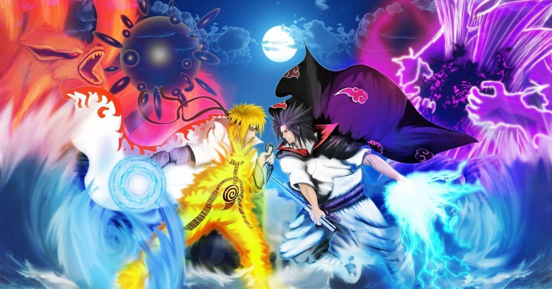 電玩遊戲 桌布 壁紙 — 兩位動漫戰士在滿月下，伴隨著旋轉的元素查克拉，於一場充滿活力的宇宙戰鬥中交鋒。